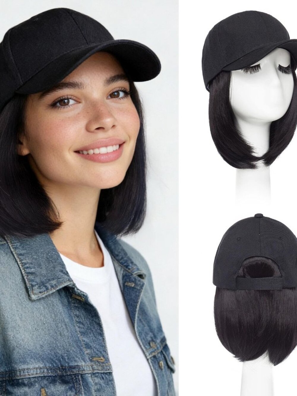 Benehair Hat Wig Extensions, Baseball Cap with Synthetic Hair Attached